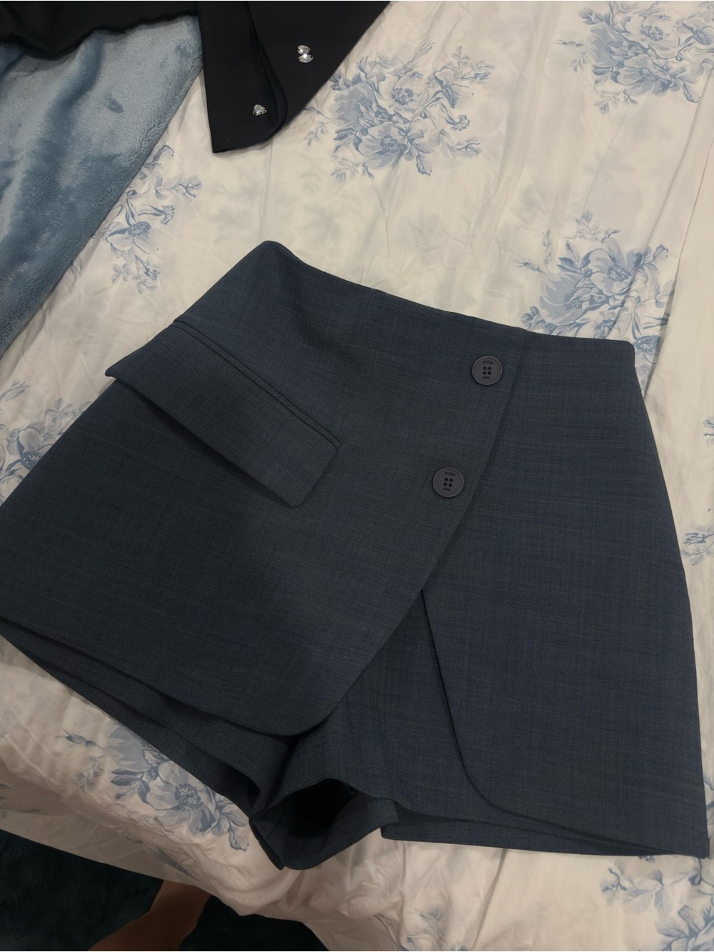 Maje Navy Wrap-Front Skort with Button Detail